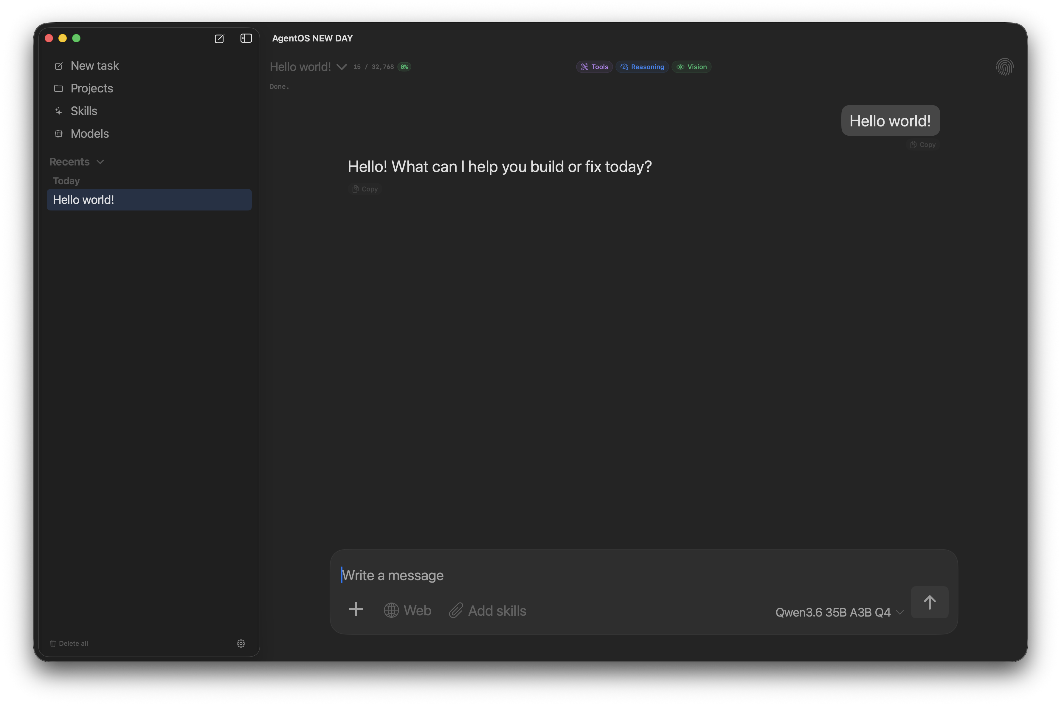 AgentOS chat window showing a streaming assistant response with sidebar and input bar