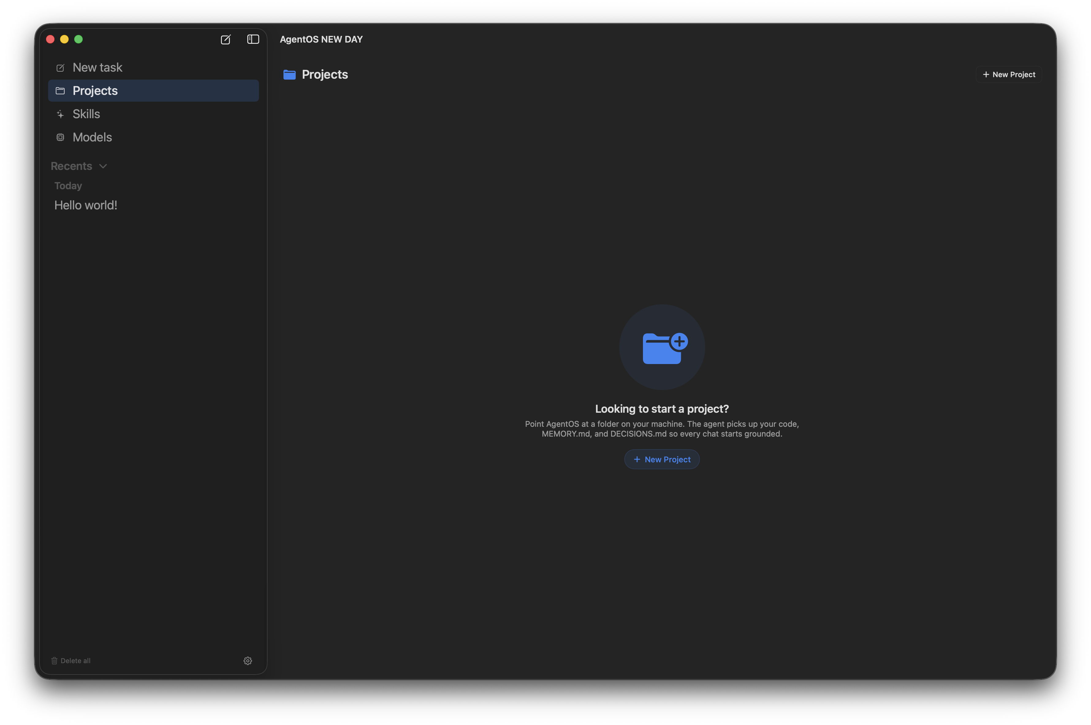 AgentOS Projects landing page with a centered folder icon and Start a project call-to-action