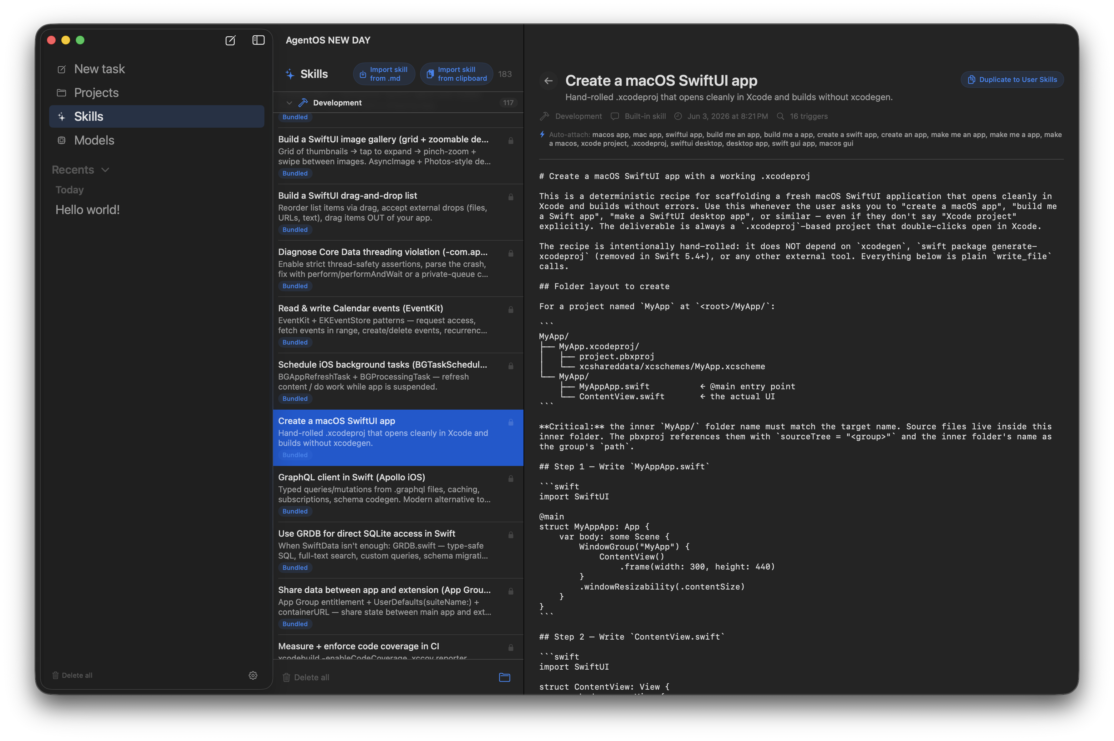 AgentOS Skills browser showing the bundled skill library with the macOS SwiftUI recipe open