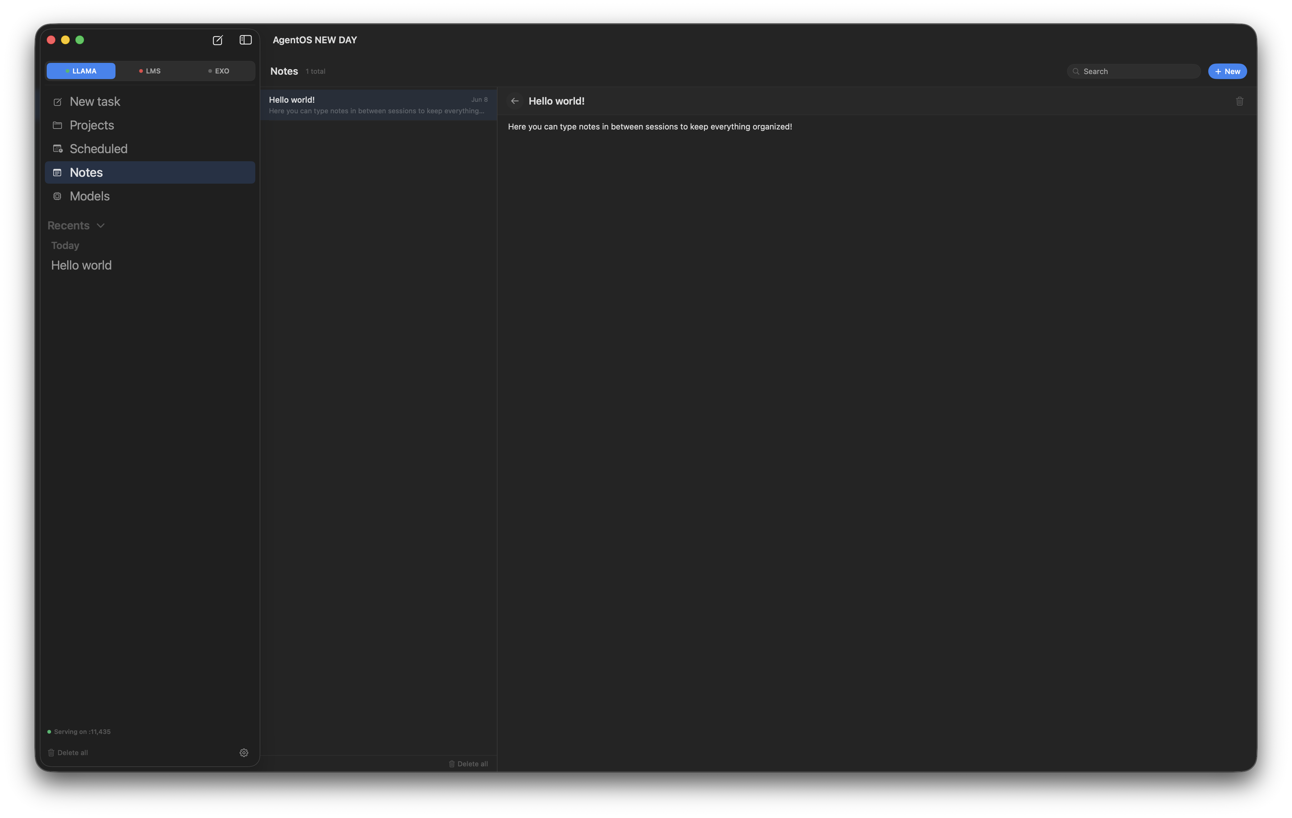 AgentOS Notes pane with a searchable list of notes on the left and the active note open in the editor on the right