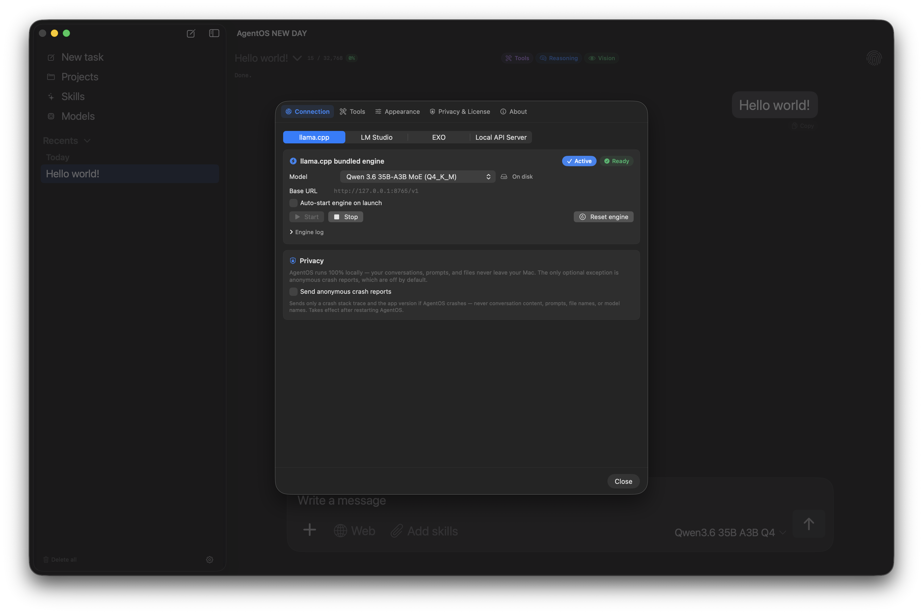 AgentOS Connection settings showing the four-backend picker with llama.cpp active and ready