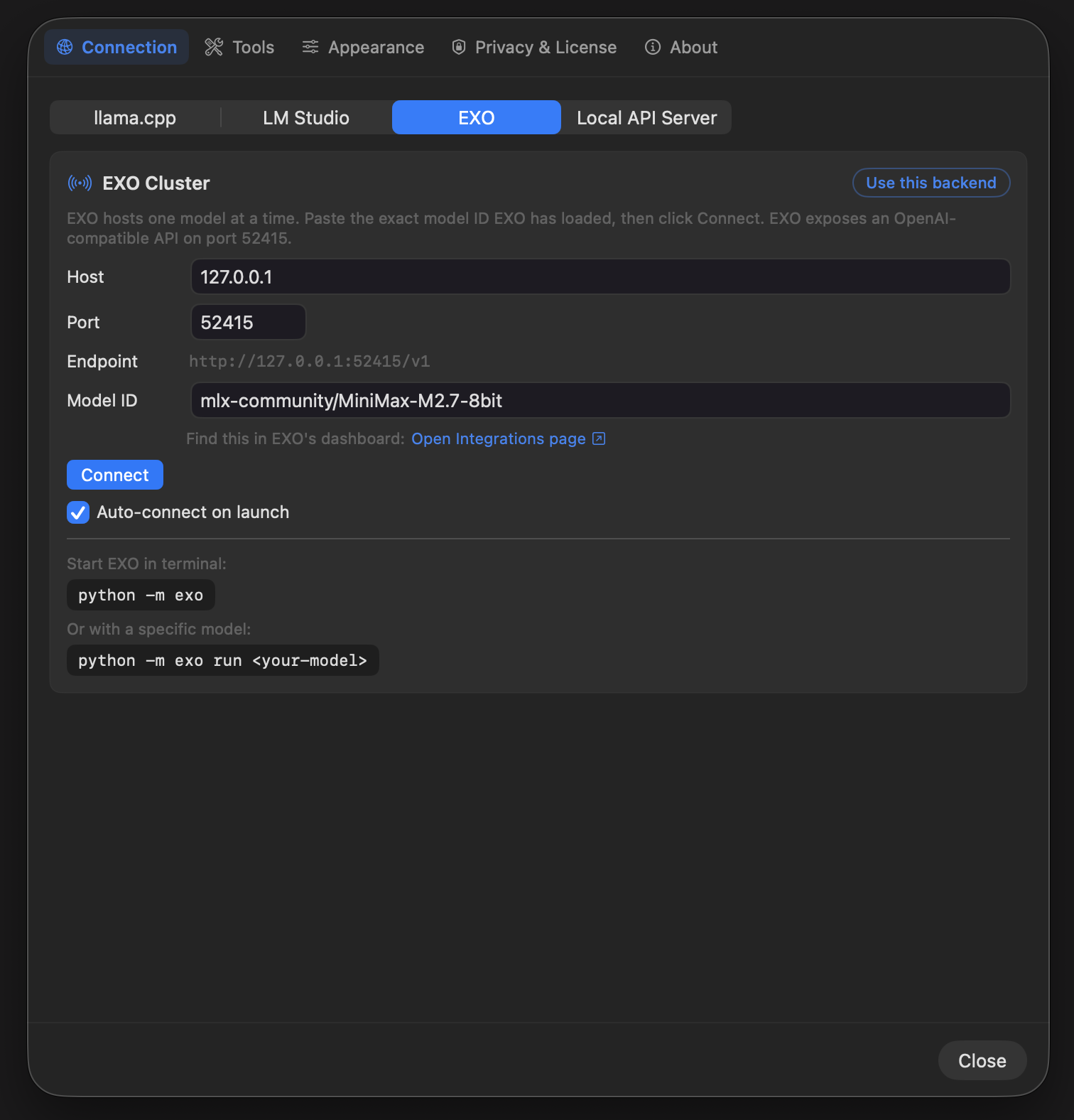 Connection settings showing the EXO cluster tab with model ID and Connect button
