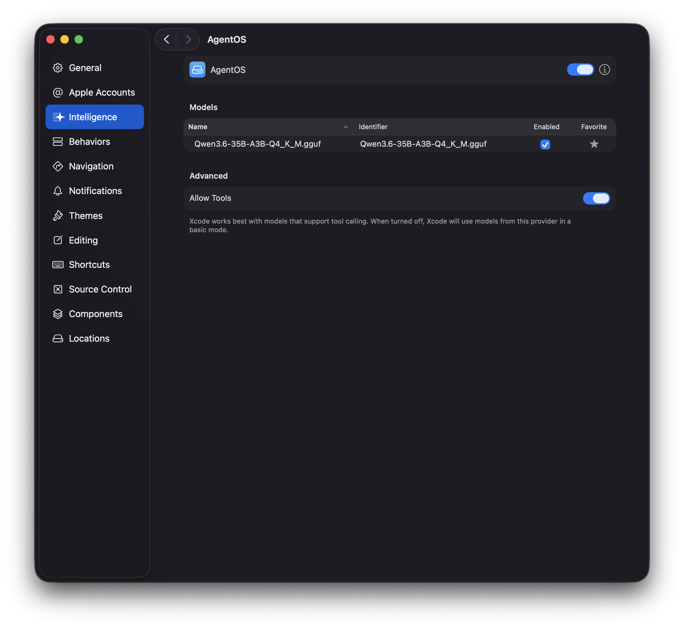 Xcode Settings, Intelligence pane, showing AgentOS registered as a provider with Qwen3.6-35B-A3B enabled and Allow Tools on